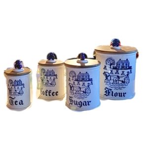 METLOX Vintage Stoneware Canisters W/ Lids-SET OF 4 - Flour, Sugar, Tea, Coffee